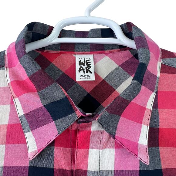 Zumba Wear Lovely Studded Logo Button Down Shirt Mens XL Checks Long Sleeve Pink - Picture 7 of 11
